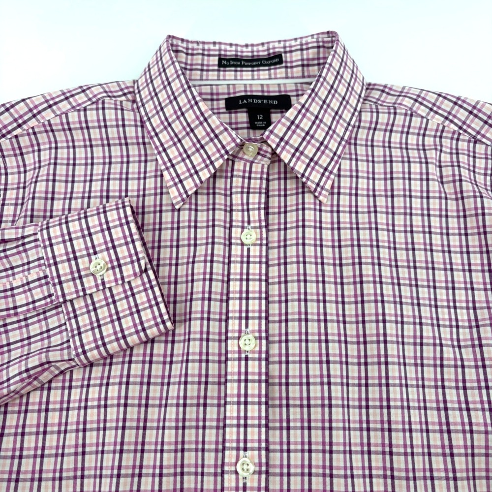 Lands End Womens 12 No Iron Pinpoint Oxford Shirt Purple Pink Plaid Button Down